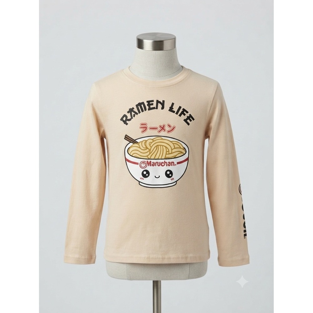 Maruchan Ramen Life Tan Long Sleeve Graphic T-Shirt Kids Size Medium 8